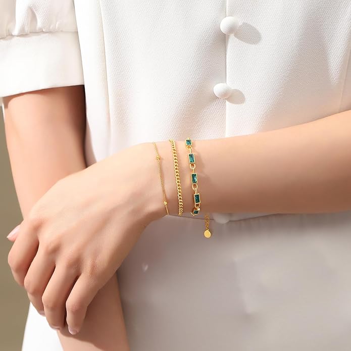 Gold Birthstone Bracelet for Women, 18K Gold Plated Layered Jewelry Bracelet Set, Women Dainty Stackable Bracelets Link Paperclip Chain Valentines Day Gift for Women