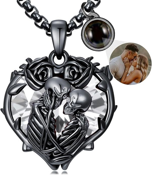 Flpruy 925 Sterling Silver Black Gothic Jewelry Gifts Skeleton Couple Pendant Crystal Birthstone Heart Necklace Punk Romantic Jewelry for Lover Men Women