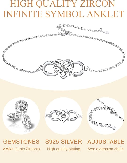 Custom4U Personalized Infinity Ankle Bracelets for Women 925 Sterling Silver Anklet Bracelet Endless Love Symbol Birthstone Charm Adjustable Foot Chain Jewelry Mothers Day Gifts for Mom Wife Women Her