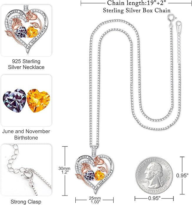 Iefil Birthstone Necklace for Women - 925 Sterling Silver Rose Heart Birthstone Necklace Birthday Anniversary Jewelry Gifts for Her Wife Mom Daughter