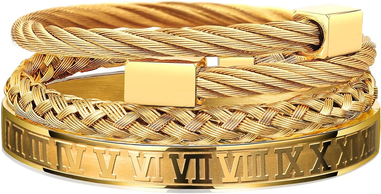 WFYOU 3PCS Stainless Steel Bracelets for Men Gold Roman Numeral Bangle Bracelet Twisted Cable Bracelet Adjustable Cuff Bracelet Mens Luxury Jewelry Bracelets Gifts