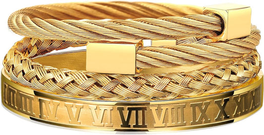 WFYOU 3PCS Stainless Steel Bracelets for Men Gold Roman Numeral Bangle Bracelet Twisted Cable Bracelet Adjustable Cuff Bracelet Mens Luxury Jewelry Bracelets Gifts
