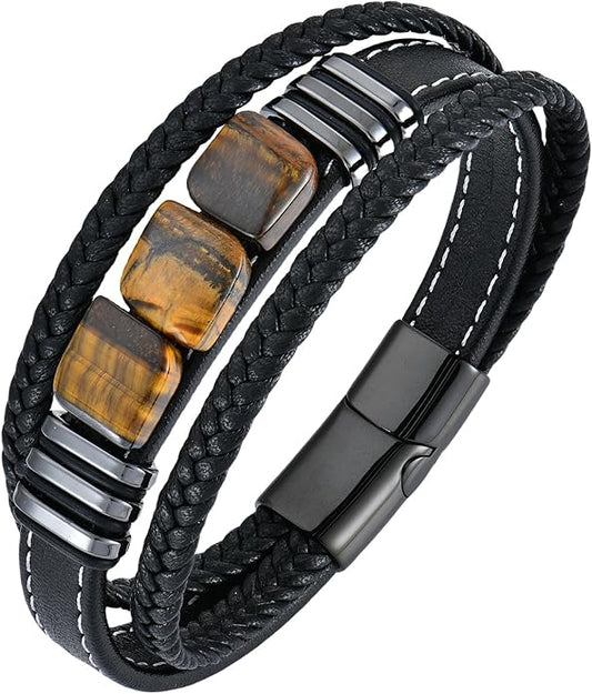 STARCHENIE Multi Strand Bracelet for Men Square Authentic Tiger Eye Black Braided Leather Mens Bracelet and Stainless Steel Buckle