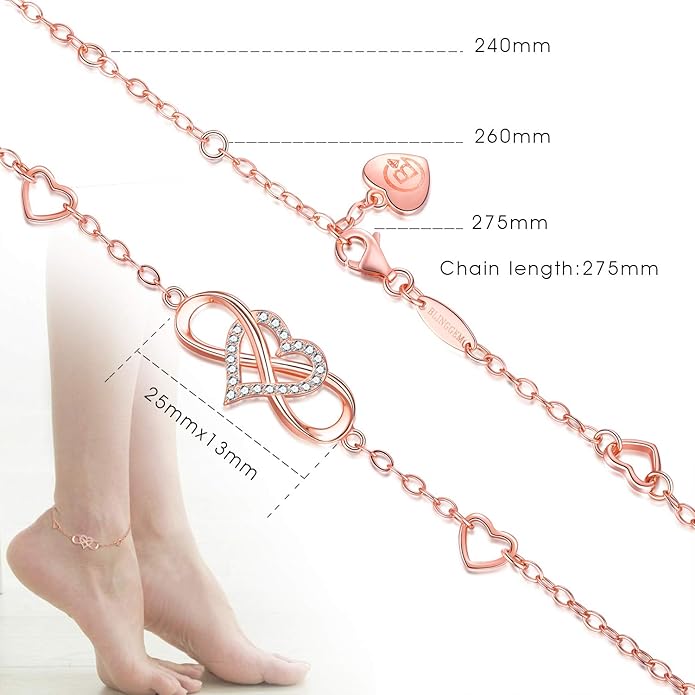 BlingGem Anklets for Women 925 Sterling Silver Infinity Hear Ankle Bracelet Cubic Zirconia Rose Gold Summer Beach Stylish Foot Chain Summer Vacation Jewelry Gift for Mom Women