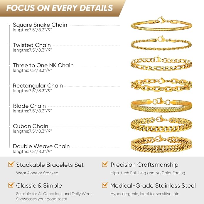 VNOX 5/7 Pcs Chain Bracelet for Men Women - Sturdy Stainless Steel Curb Width Cuban Link Chain Bracelet Set for Men Women,6.5/7/7.4/8.2/9 Inches