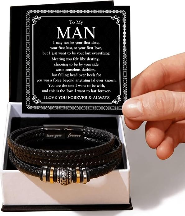 Mapileng To My Man – Braided Leather & Stainless Steel Bracelet with Heartfelt ‘Love You Forever’ - Elegant Gift Box Included, Gift from Girlfriend or Wife for Husband, Boyfriend, or Brother