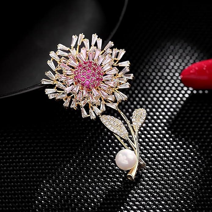14K Gold Women Trendy Gold Brooch Accessory with Moissanite and Pearl, Decoration Sunflower Pin for Summer Fashion, Womens Brooches and Pins