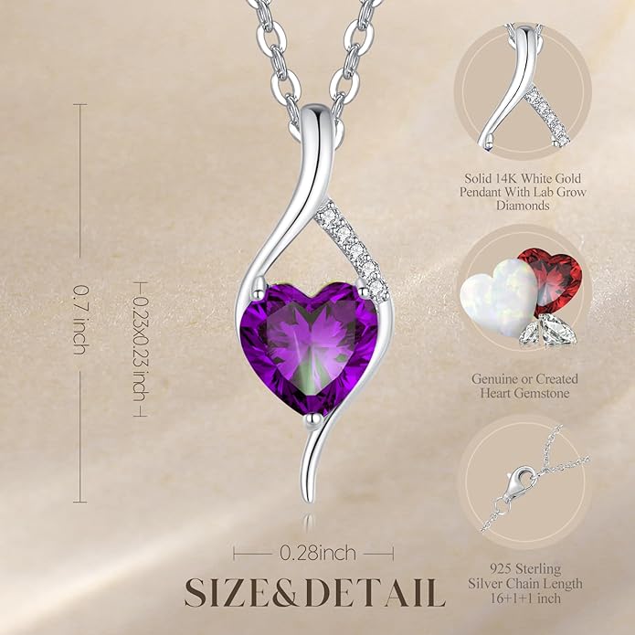 FANCIME 14K Solid White Gold Birthstone Necklace Genuine or Created 6mm Heart Gemstone Pendant with Lab Grow Diamonds Sterling Silver Chain Fine Jewelry Anniversary Birthday Gifts for Women 16" + 2"
