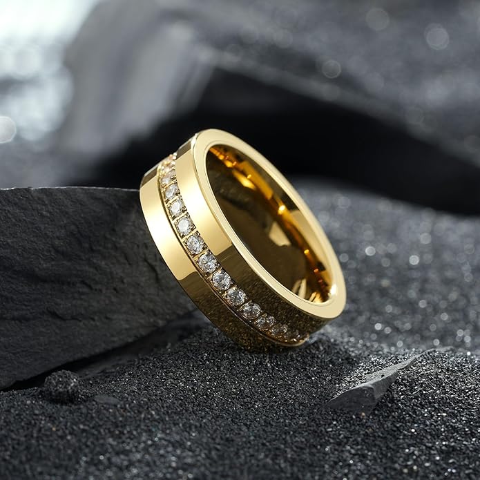 King Will Mens Tungsten Wedding Band with Cubic Zircon Inlay 7mm/8mm Flat Cut Comfort Fit Engagement Rings