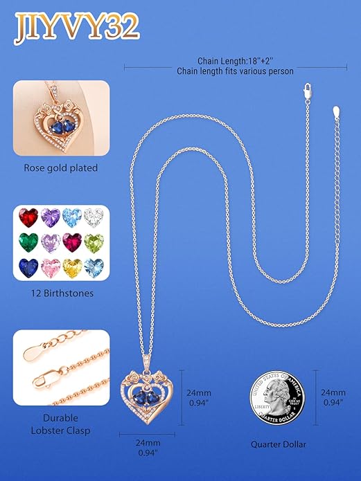 JIYVY32 Rose Heart Necklace for Women Exquisite 925 Sterling Silver Anniversary Birthday Gifts for Wife Mom Her Double Birthstone Pendant Jewelry