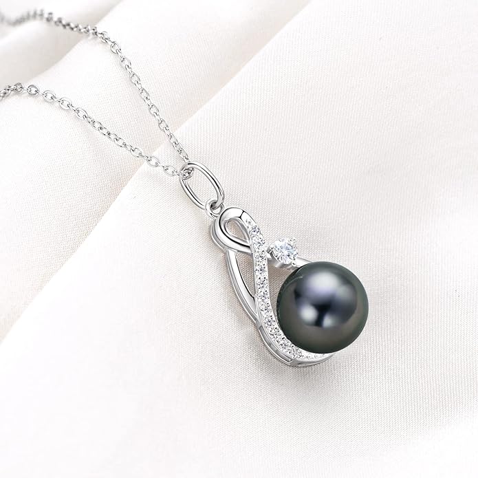DENGGUANG Tahitian Black Pearl Necklace for Women Genuine 9-10mm Round Tahitian Cultured Pearls Pendant 18K Gold Plated 925 Sterling Silver - Jewelry Gifts for Mom Wife Daughter