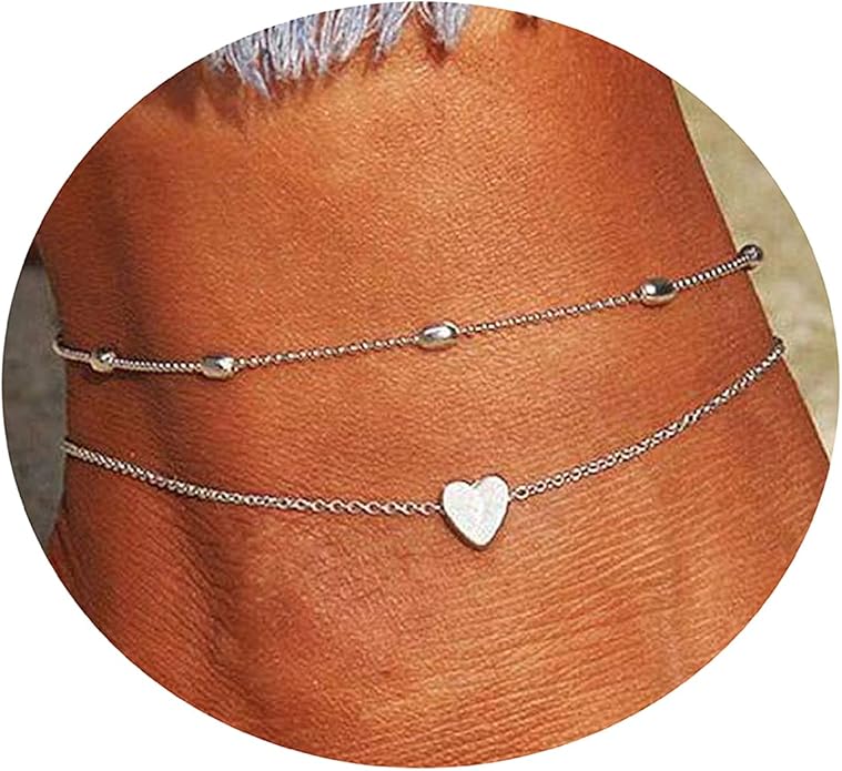 Pencros Dainty Layered Anklet,14K Gold Filled Cute Beads Satellite Chain Heart Boho Adjustable Anklets for Women