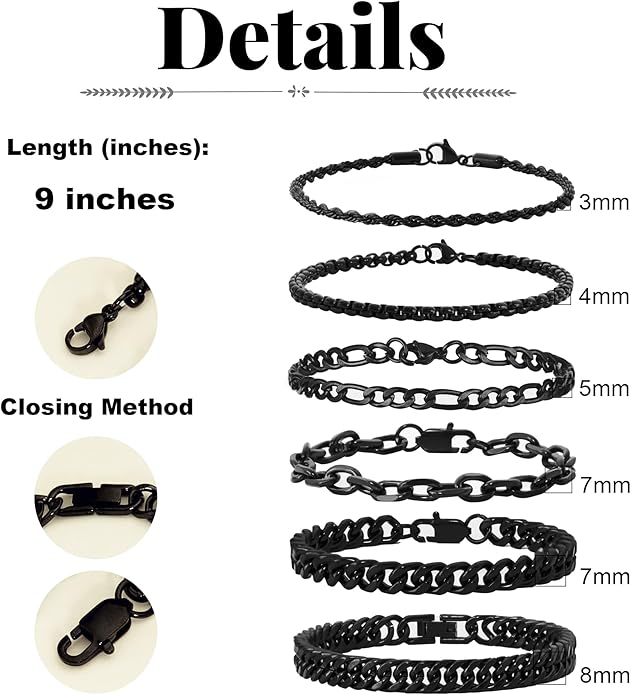 XIANNVXI 6pcs Stainless Steel Bracelets for Men Women Silver/Gold/Black Cuban Link Rope Paperclip Chain Bracelets Set 6.5/7/7.5/8.3/9 Inches Metal Bracelet Mens Fashion Accessories Jewelry Set