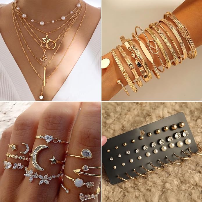 IFNODO 46Pcs Gold Jewelry Set for Women with 5 Necklace, 12 Bracelet, 5 Hoop Earrings, 15 Stud Earrings and 9 Rings Jewelry Set For Gifts for Women.