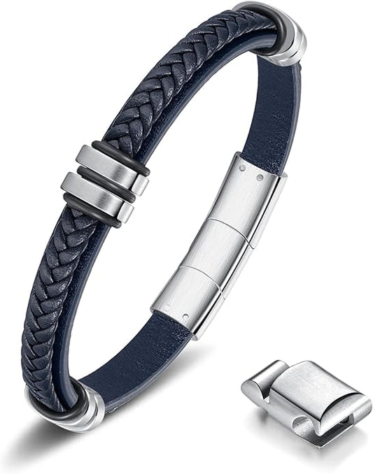 Leather Bracelet for Men with Adjustable Stainless Steel Magnetic Clasp Multi-Layer Braided Mens Leather Bracelet