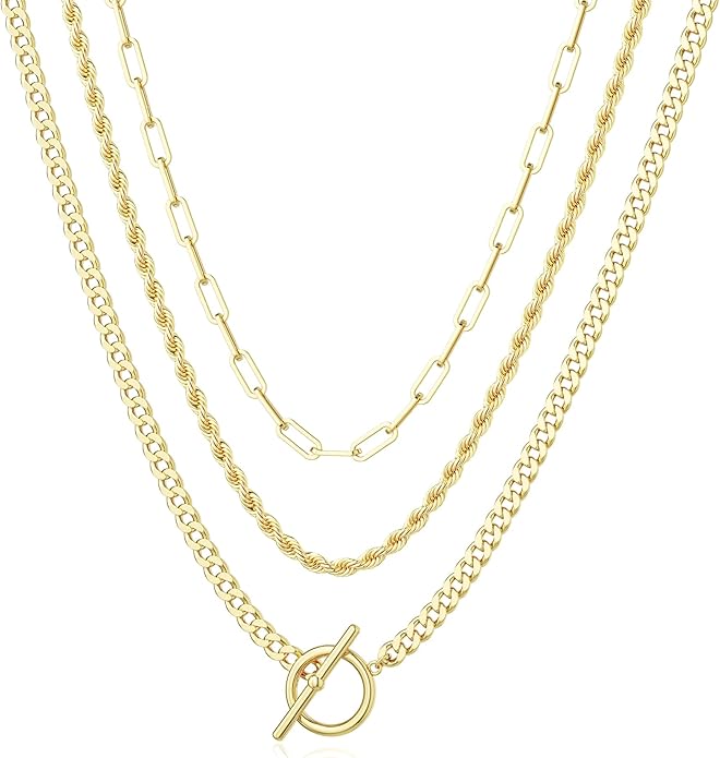 Gold Plated Necklaces for Women - Dainty Layered 14K Gold Plated Stack Paperclip Rope Cuban Toggle Link Chain Choker Necklace Set Chunky Trendy Jewelry Gift