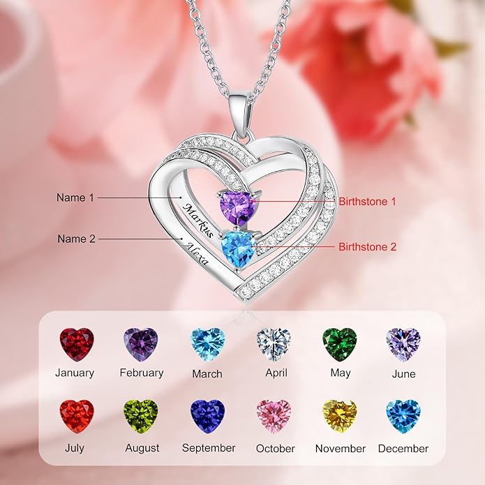 JOBFLY S925 Sterling Silver Customized 2 Birthstone Heart Necklace with 2 Name Engraved Personalized Mother Daughter Necklace Couple Jewelry Christmas Birthday Gift