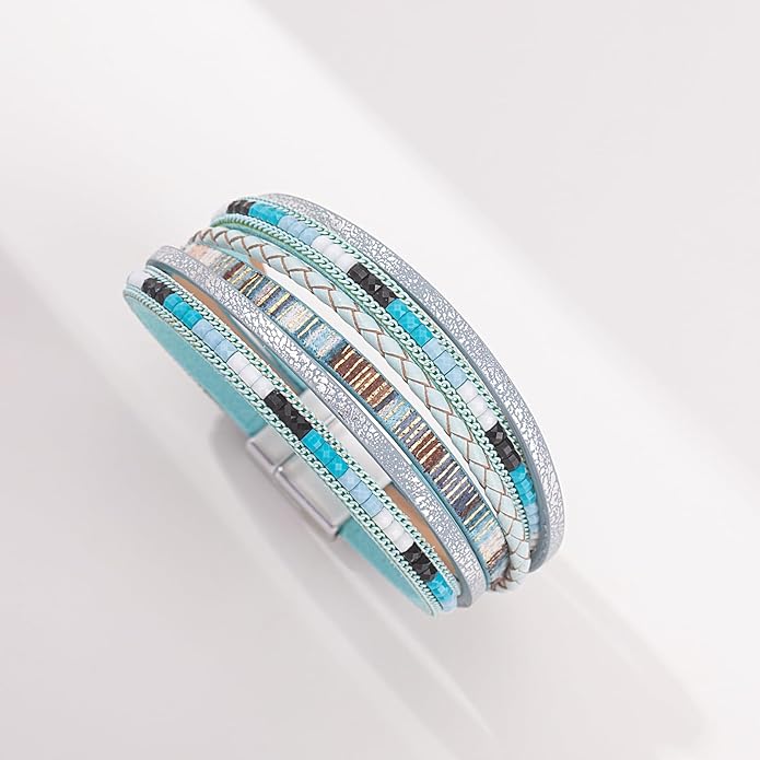 FANCY SHINY Boho Leather Wrap Bracelets Trendy Layered Bracelets with Magnetic Clasp Strackable Bohemian Jewelry Gifts for Women