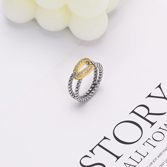 Two-Tone Wide Statement Ring for Women - Gold Silver Crossover Band with Ribbed Texture - Modern Fashion Jewelry Cocktail Ring - Mixed Metal Layered Design