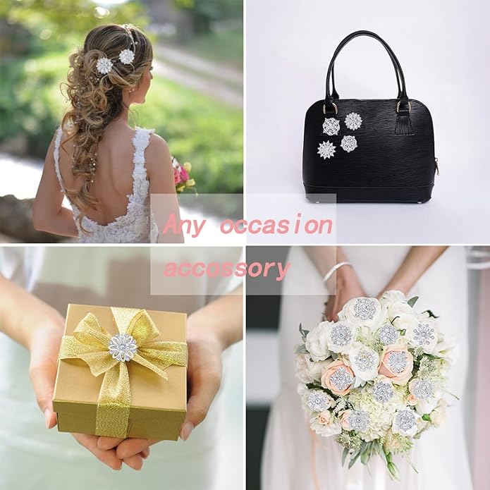 Assorted Small Size Crystal Rhinestone Flower Brooch Pins Set for Crafts Embellishment, Wedding Bouquet Brooches for Women Fashion