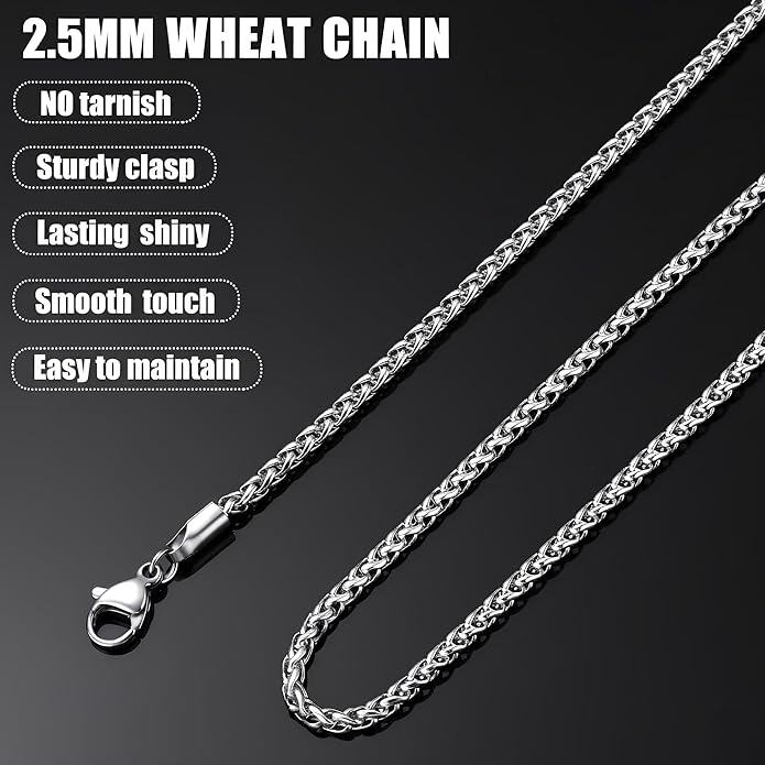 Fiusem Wheat Chains for Men and Women, 2/2.5/3/4/5mm Silver Tone/14K Gold Plated/Black Necklace Chain, Stainless Steel Mens Necklace 16-28 Inch