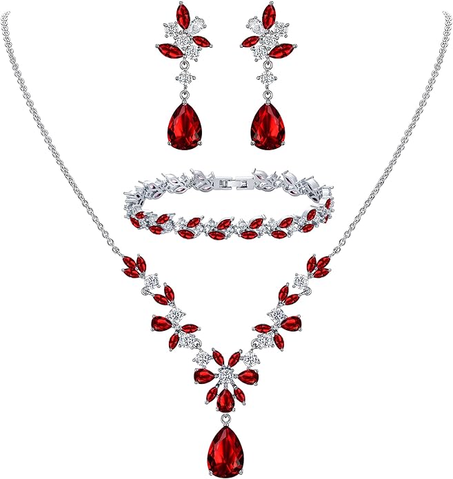 EleQueen Women's Wedding Bridal Jewelry Set for Brides Bridesmaids, Silver/14K Gold/Rose Gold Plated Cubic Zirconia Teardrop Necklace Dangle Earrings Bracelet Sets for Party Prom