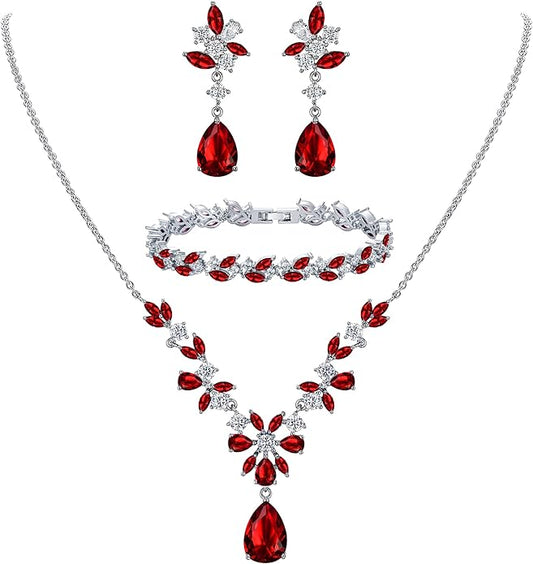 EleQueen Women's Wedding Bridal Jewelry Set for Brides Bridesmaids, Silver/14K Gold/Rose Gold Plated Cubic Zirconia Teardrop Necklace Dangle Earrings Bracelet Sets for Party Prom