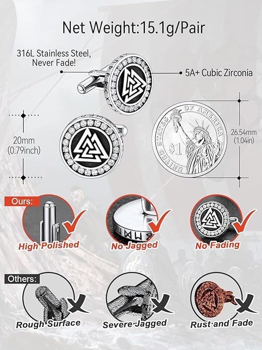 FaithHeart Mens Cufflinks, Norse Viking Tuxedo Shirt Cuff Links, Stainless Steel Cuff Links and Shirt Studs, Gift Box