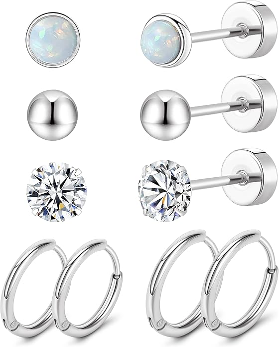 MJust Titanium Earrings for Sensitive Ears 20G Hypoallergenic Stud Hoop Earrings for Women Men Opal Ball CZ Heart Pearl Flat Back Earrings Cartilage Earrings Set
