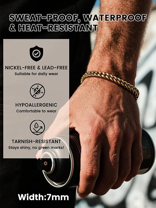 Bestyle Thick Mens Cuban Link Chain Bracelets, Durable Real 18K Gold/Black Metal Plated Solid Stainless Steel Hand Chain Cuban Bracelets for Men, Silver Black Gold Bracelets for Father Husband