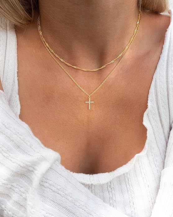 Cross Necklace for Women Dainty 14K Real Silver Gold Plated Layered Cross Pendant Necklace Stack Simple Trendy Cute Charm Choker Necklaces Jewelry Gift for Women Teen Her