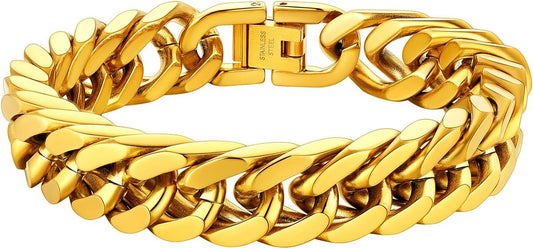 ChainsHouse Stainless Steel Cuban Link Bracelet, 8mm/12mm/17mm Width, 7.5"/8.3"/9", 18K Gold Plated Chain Wrist Bracelets for Men Women, Send Gift Box