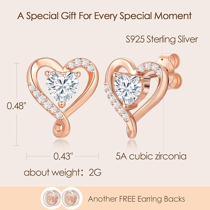 Earrings for Women, S925 Sterling Silver Rose Gold Birthstone Heart Studs Earring for Girlfriend Wife, Anniversary Birthday Christmas Valentines Mothers Day Gifts Jewelry for Women Wife Her Mom