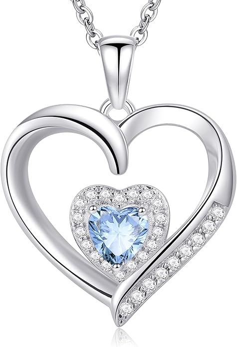 GLIVEOR Heart Birthstone Necklace for Women,S925 Sterling Silver Necklace Birthstone Necklace Heart Necklace for Women Birthday Jewelry Gifts for Women