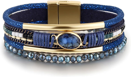 Edoneery Leather Wrap Bracelet for Women, Boho Handmade Multi-Layer Cuff with Crystal Beads Heart, Stackable Bangle Western Jewelry Gift