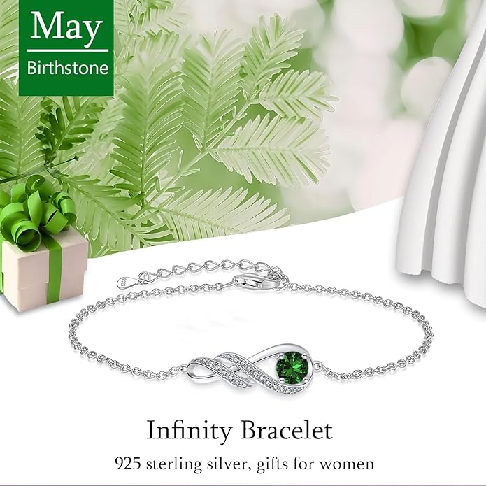 Birthstone Bracelets for Women 925 Sterling Silver Created Gemstone Bracelet Infinity Pendant Jewelry for Her, 6.7"+1.2"