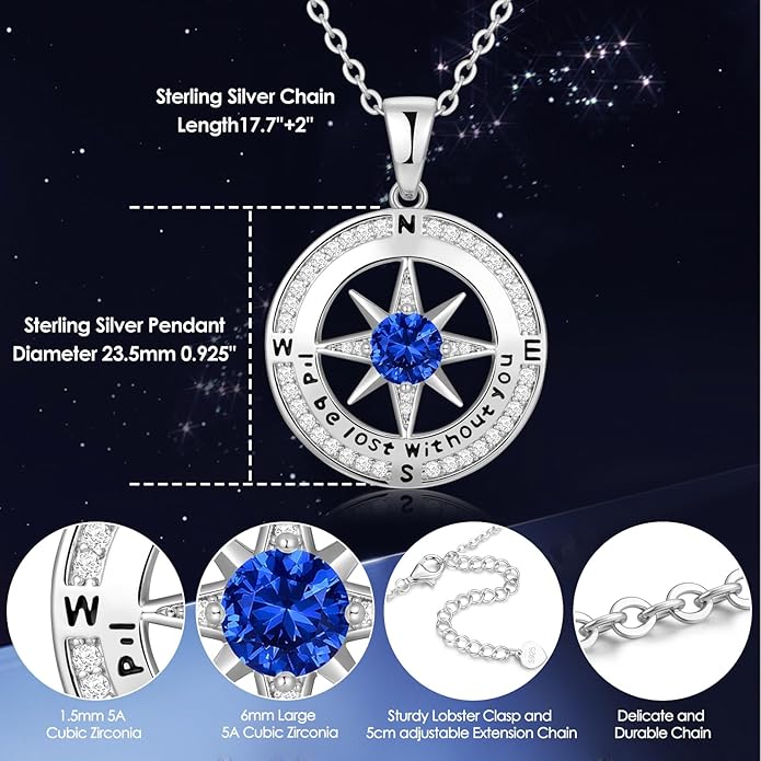 Zifeel Compass Necklace Gifts for Women wife - S925 Sterling Silver Birthstone Necklaces for Women - Anniversary Birthday Gifts for Her Wife Girlfriend - Valentines Mom Mothers Day Christmas Gifts Jewelry for Women
