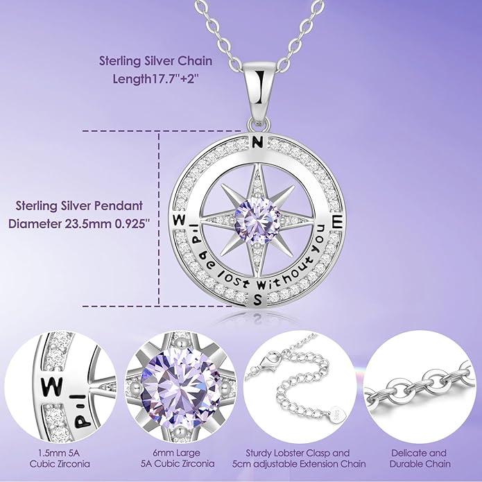 Zifeel Compass Necklace Gifts for Women wife - S925 Sterling Silver Birthstone Necklaces for Women - Anniversary Birthday Gifts for Her Wife Girlfriend - Valentines Mom Mothers Day Christmas Gifts Jewelry for Women