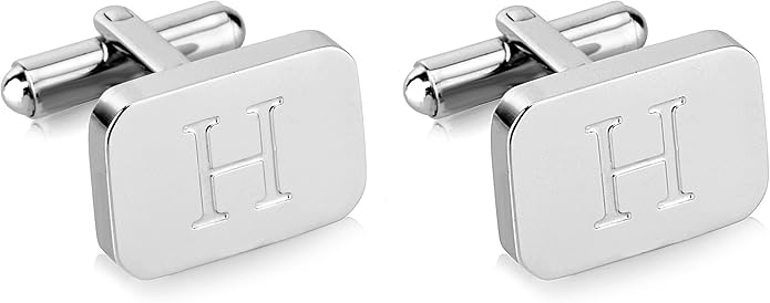 18K White-Gold Plated Initial Engraved Stainless Steel Men’s Cufflinks With Gift Box -Personalized Alphabet Letter’s A-Z By Lux & Pair