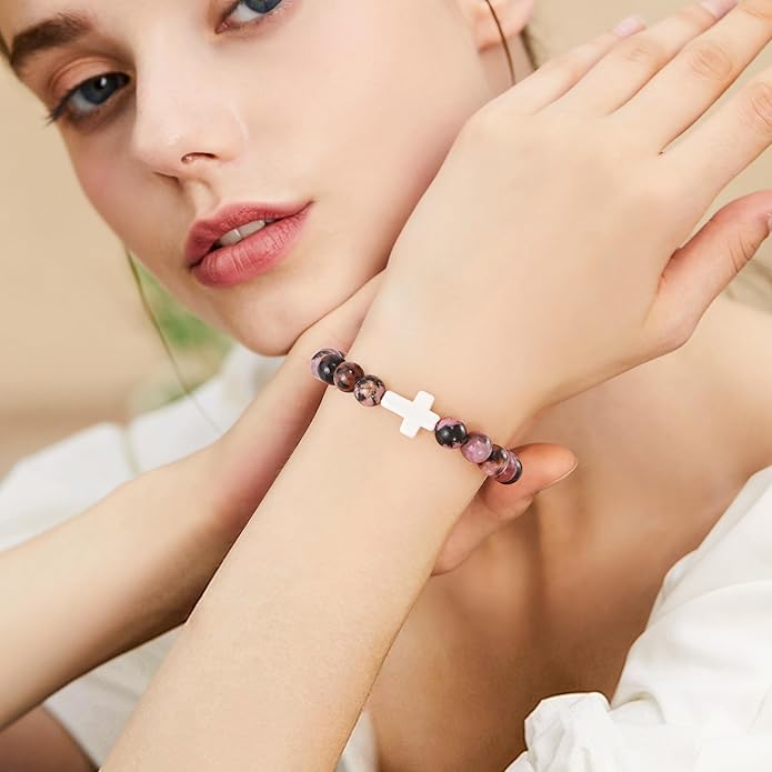 VIBILIA Cross Beaded Bracelets for Women, Inspirational Natural Heart Religious Bracelets for Women, Birthday Christian Gifts for Women on Thanksgiving Christmas Gifts
