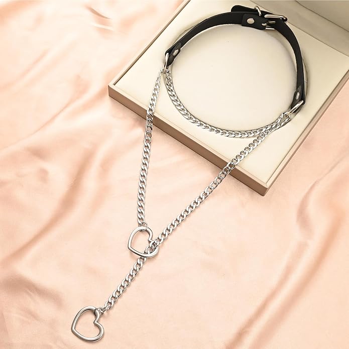 Leather Choker Slip Chain Necklace Stainless Steel Cuban Link Long Necklaces Gothic Punk Heart Chain Necklace Handmade Collars for Women