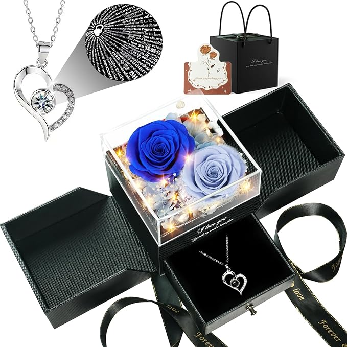 Birthday Gifts for Women, Preserved Real Roses with Heart Necklace I Love You in 100 Languages, Romantic Anniversary Wedding Christmas Gifts for Women Her Girlfriend Wife, 2 Blue Forever Roses Necklace Gift Box