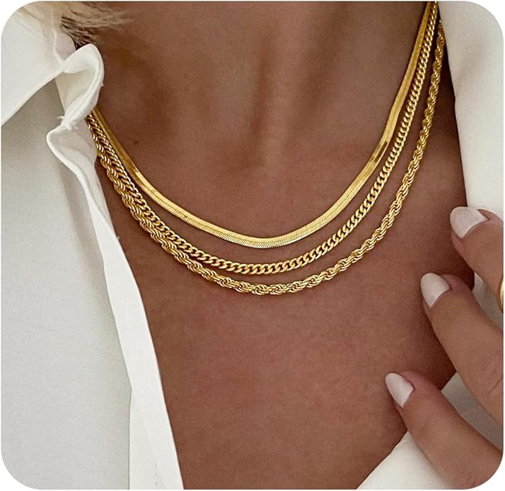 14K Gold Plated Layering Necklaces For Women Gold Necklace Set, Cuban Link, Snake Chain, Paperclip Layered Chains, Twisted Rope and Twisted Chain, Trendy Layering Necklace
