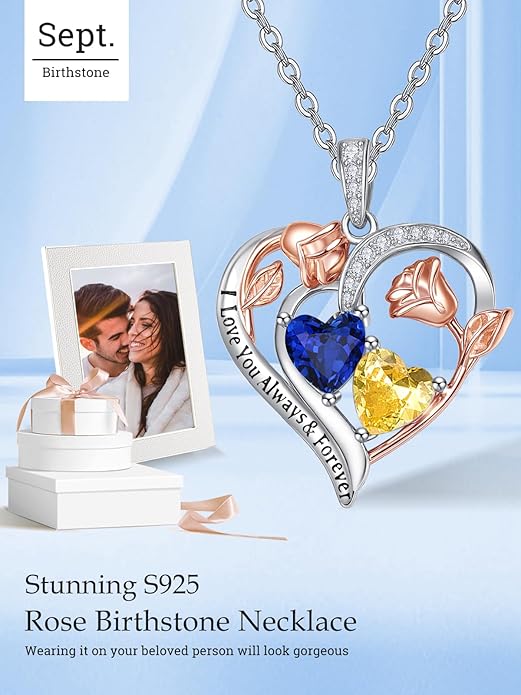 Zeuslia Double Birthstone Necklace Gifts for Wife - 925 Sterling Silver Sunflower/Rose/Crown Cross/Compass/Heart Pendant I Love You Necklace, Anniversary Birthday Gifts for Wife Girlfriend Mom Her