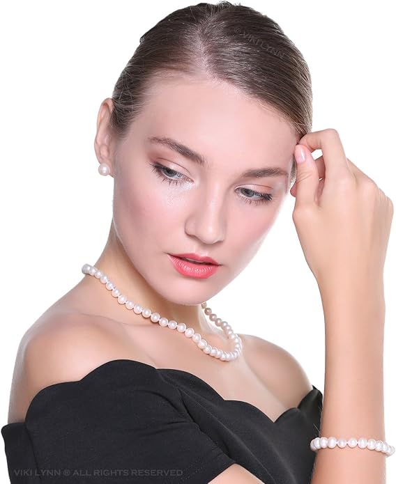 VIKI LYNN Freshwater Cultured Pearl Necklace Set Includes Stunning Bracelet and Stud Earrings Jewelry for Women Gift for Mother's Day, Anniversary, Birthday, Wedding