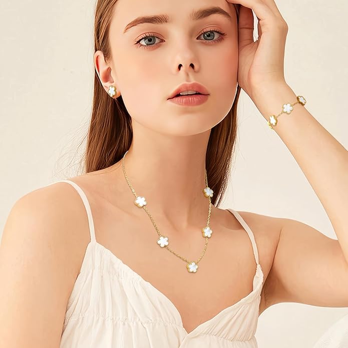AmorArtSky Lucky Clover Jewelry Set - 18K Gold Plated Flower Design Five Leaf Bracelet, Necklace Pendant, Earrings for Women - Lucky Gifts for Mom, Wife, Daughter, Friends