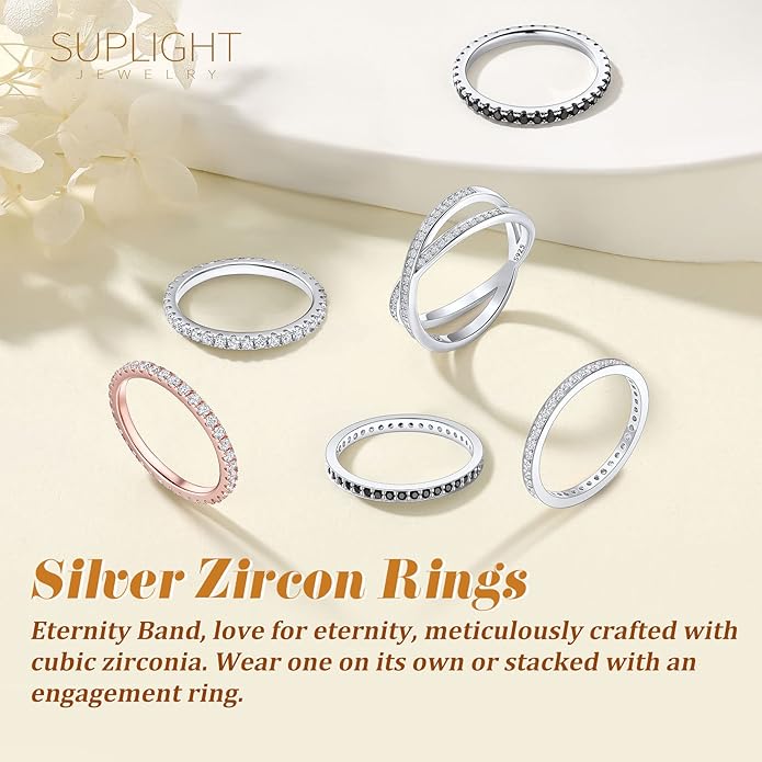 Suplight 925 Sterling Silver Wedding Band Rings, Full Cubic Zirconia Wishbone Ring Love/Lucky Engagement Promise Rings For Women, Size 4-12 (with Gift Box)