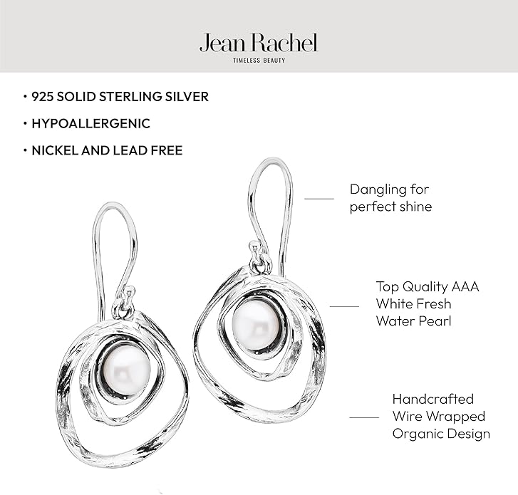 Jean Rachel Jewelry 925 Sterling Silver Dangle Earrings for Women with Freshwater Pearl - Free Form Vintage Design - Hypoallergenic, Lead & Nickel Free - Artisan Handcrafted Statement Earrings