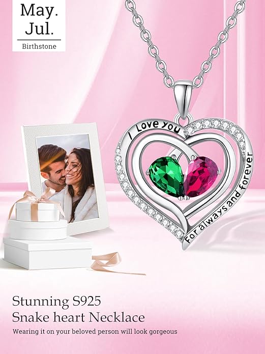 Zeuslia Double Birthstone Necklace Gifts for Wife - 925 Sterling Silver Sunflower/Rose/Crown Cross/Compass/Heart Pendant I Love You Necklace, Anniversary Birthday Gifts for Wife Girlfriend Mom Her