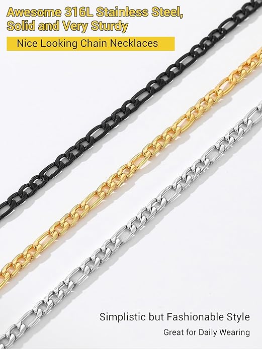 PROSTEEL 316L Stainless Steel Figaro Cuban Chain Necklace for Men, Black/18K Real Gold Plated, 4/5/6/7.5/9/10/13mm, 14inch-30inch, Come with Box